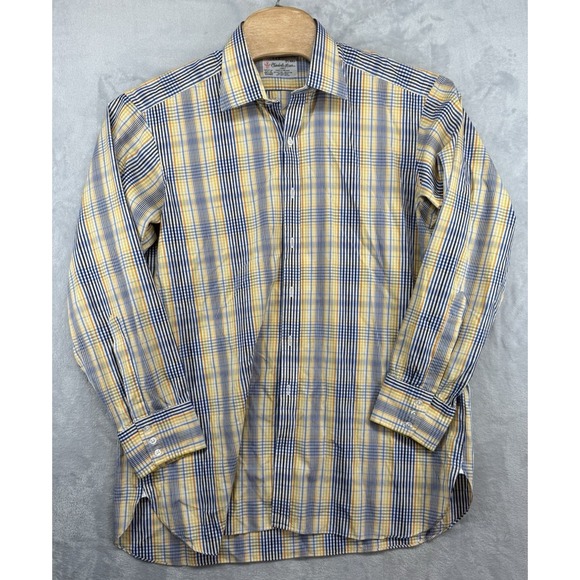 Turnbull Asser Button Down Dress Shirt Yellow Blue Plaid Men's Size 17.5 / 44